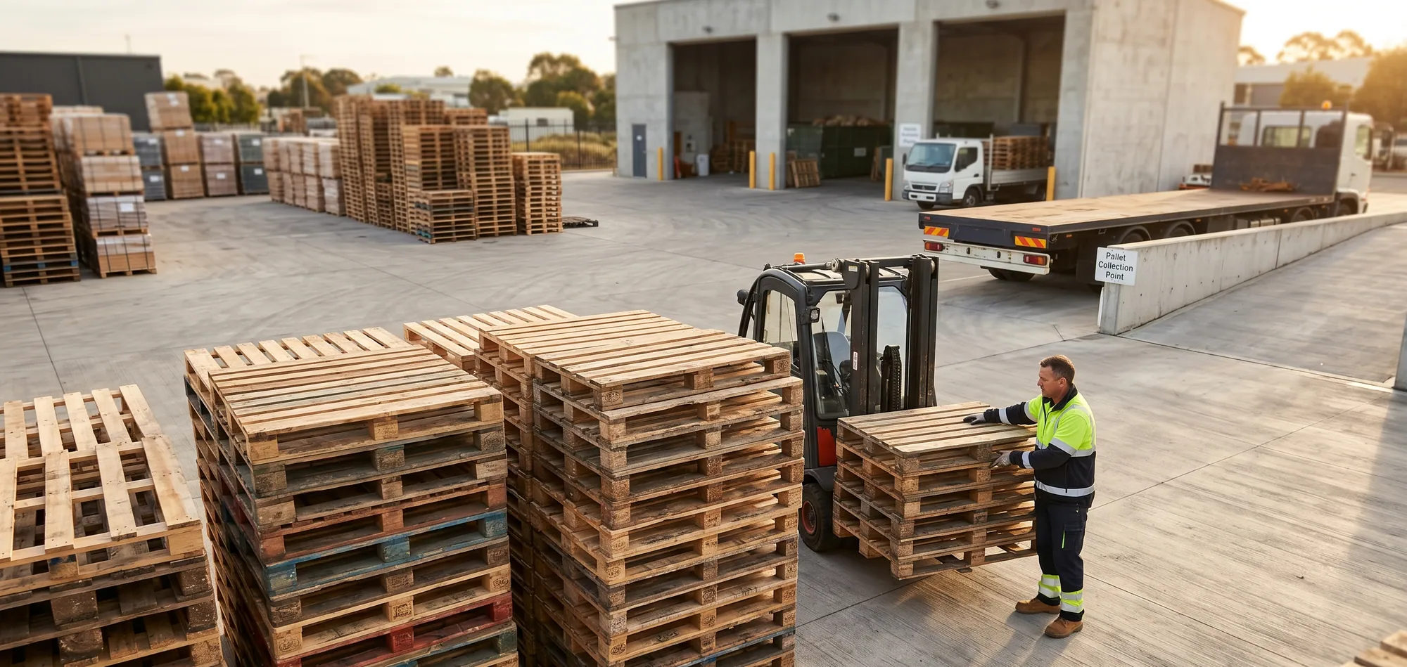Worker loading used pallets for buyback pickup in metro Atlanta